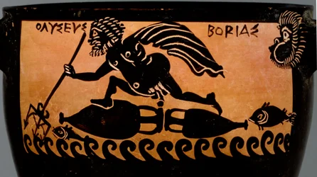 Boeotisk skyphos med svart figur, dekorert med en scene av Odyssevs som ble blåst over havet av Boreas, fra verkstedet til Mystae-maleren, Theben, Boeotia, sent på 500-tallet f.Kr. (keramikk) (detalj